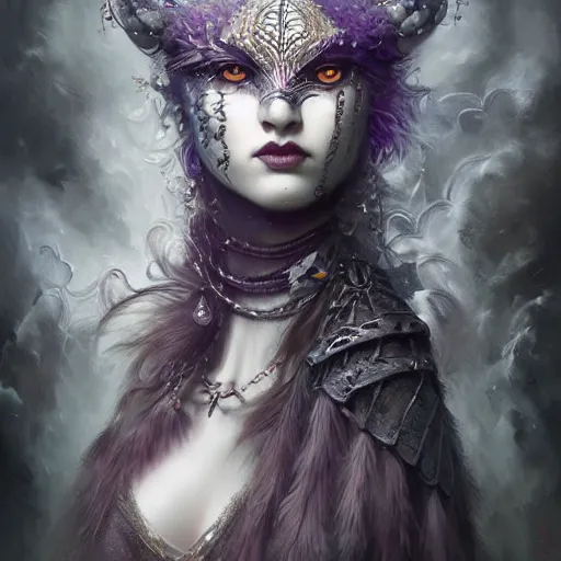 Prompt: tom bagshaw, soft painting fractal curiosities carnival, very beautiful female tigress in full nightshade gothic armor, accurate features, focus, very intricate ultrafine details, black white purple volumetric clouds, award winning masterpiece, octane render 8 k hd