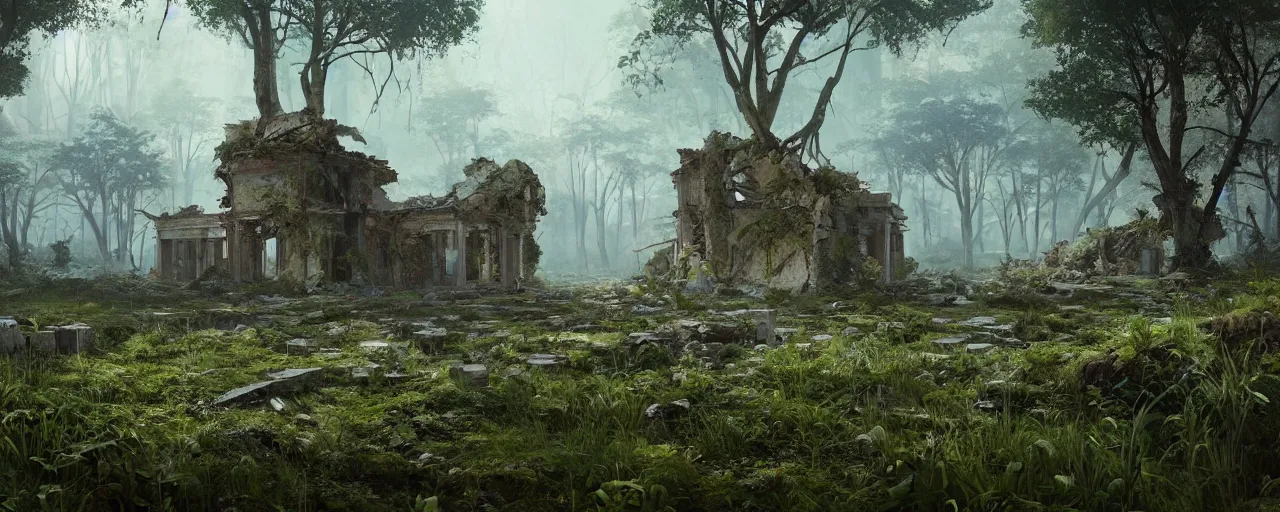 Image similar to concept art of an abandoned ruined city overgrown with nature by filip hodas, 3d render, hyper realistic, unreal engine, atmospheric, detailed