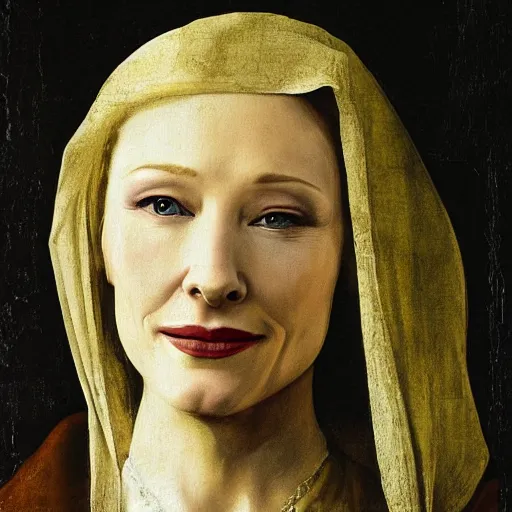 Image similar to painting of cate blanchett as a saint by leonardo davinci