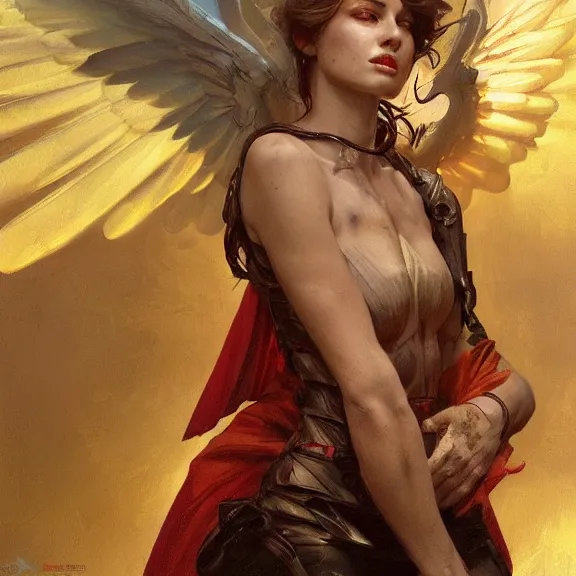 Prompt: excellent painted portrait of a terrifying imposing archangel, high quality painting with detailed face, 4k, trending on artstation, octane render, art by artgerm and greg rutkowski and alphonse mucha and craig mullins and James Jean and Andrei Riabovitchev and Marc Simonetti and peter mohrbacher