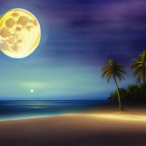 Prompt: a beautiful detailed painting of a moonlight scene on a sandy tropical beach, cold colors, volumetric lighting