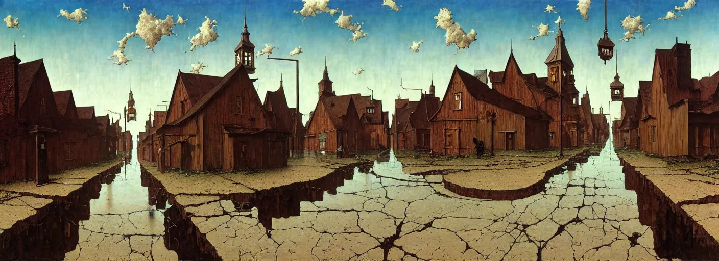 Image similar to flooded old wooden empty cursed city street, very coherent and colorful high contrast masterpiece by norman rockwell franz sedlacek rene magritte gediminas pranckevicius, full - length view, dark shadows, sunny day, hard lighting, reference sheet white background