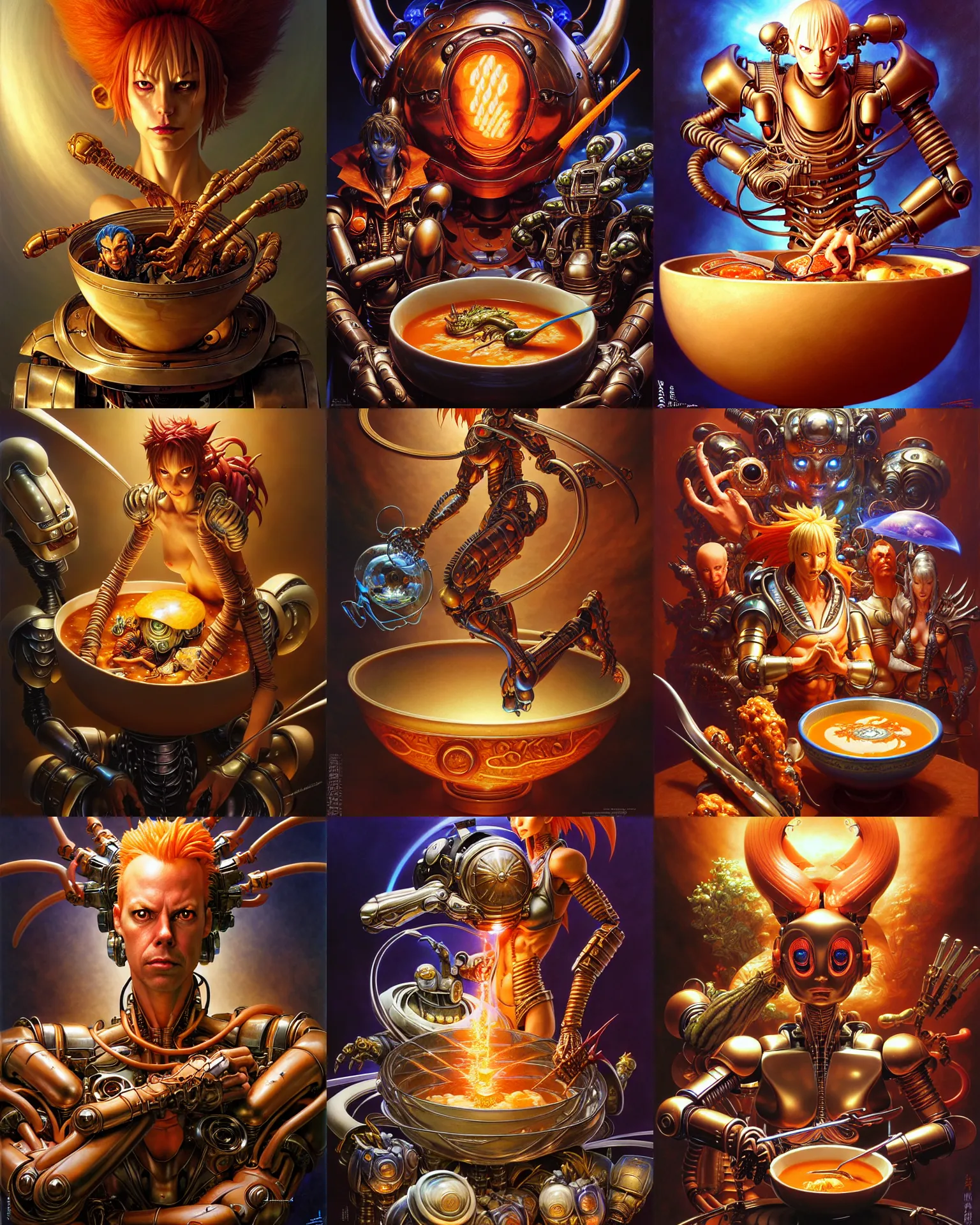 Prompt: bowl filled with food, fantasy art, fantasy, anime, magic, highly detailed, soup, ultra realistic, dramatic lighting, robots, the fifth element artifacts, highly detailed by hajime sorayama, boris vallejo, aaron horkey, gaston bussiere, craig mullins