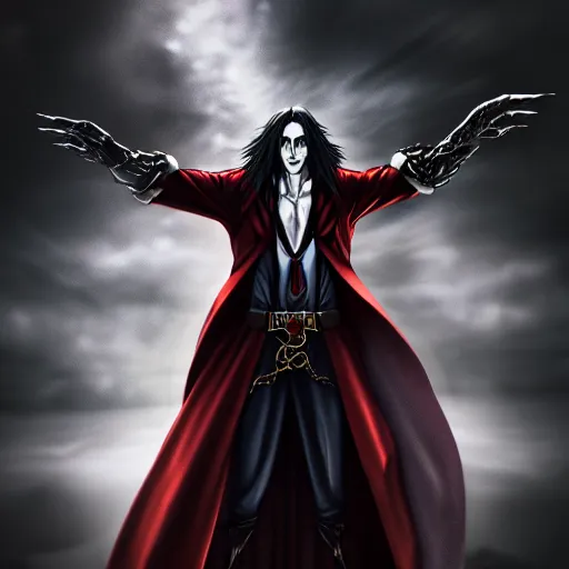 Image similar to a portrait of a alucard castlevania ,Grim fantasy, vampire, D&D, HDR, natural light, shoulder level shot, dynamic pose, award winning photograph, Mucha style 4k,