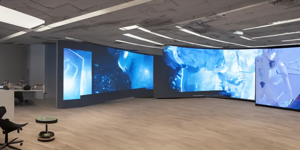 Prompt: stunning futuristic AI lab, projection screens, immersive graphics