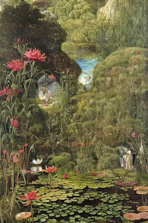Prompt: an airbrush painting of an elaborate hidden object scene in the reflection of a small fishing pond by destiny womack, gregoire boonzaier, harrison fisher, richard dadd