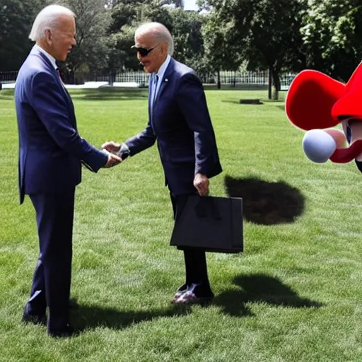 Image similar to Joe Biden and Nintendo's Super Mario converse on the White House Lawn. AP Photo