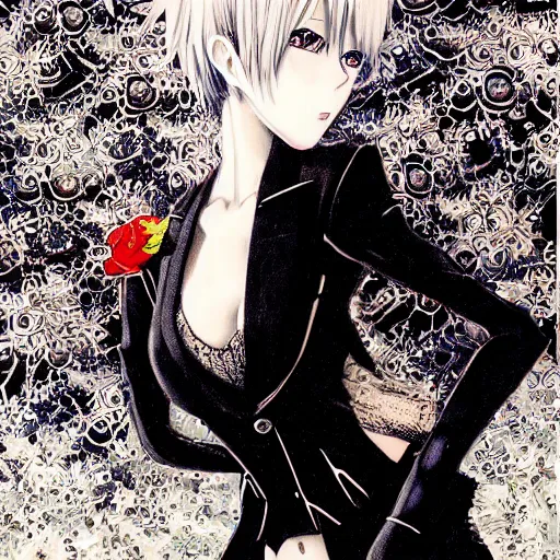 Image similar to realistic illustration of an anime girl with short white hair and black eyes wearing tuxedo in the style of yoshitaka amano, floral black and white patterns on the background, noisy film grain effect, highly detailed, Renaissance oil painting