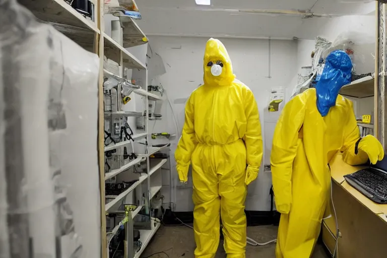 Image similar to a man in a yellow hazmat suit looks on helplessly as a huge slimy meat monster grows out of control in a creepy basement lab full of science and computer equipment