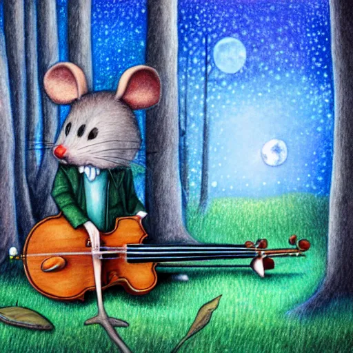 Image similar to mouse playing violin, fantasy forrest background, moonlight, coloured pencil, detailed, medium shoot