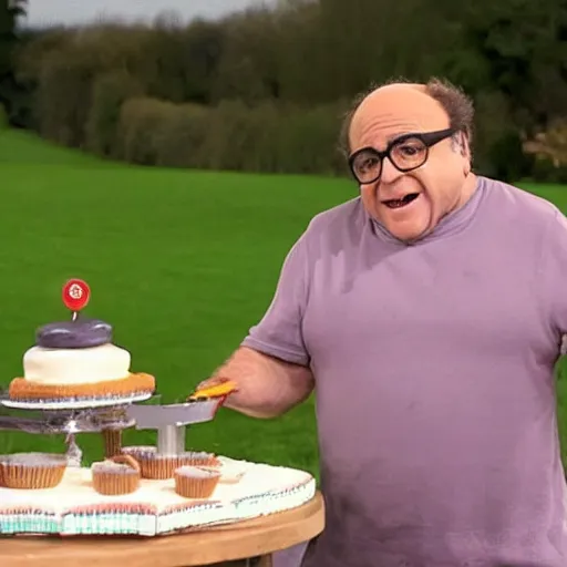 Image similar to danny devito baking a cake on the great british bake off