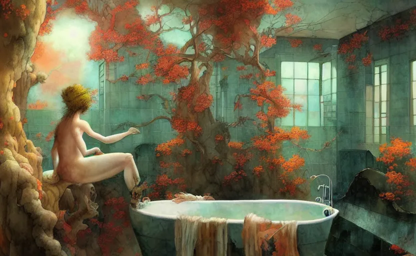 Image similar to bathroom, fantasy. intricate, amazing composition, colorful watercolor, by ruan jia, by maxfield parrish, by marc simonetti, by hikari shimoda, by robert hubert, by zhang kechun, illustration, gloomy