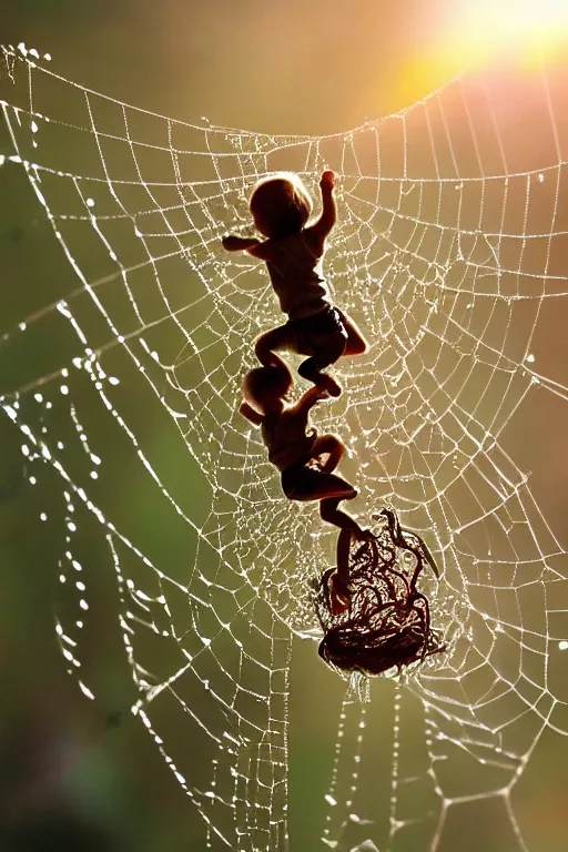 Image similar to Tiny humans climbing on a spiders web, dewdrops, macro, dramatic lighting, cinematic, establishing shot, extremely high detail, foto realistic, cinematic lighting, post processed, concept art, high details, cinematic, 8k resolution, beautiful detailed, photorealistic, digital painting, artstation, concept art, smooth, sharp focus, artstation trending, octane render, unreal engine