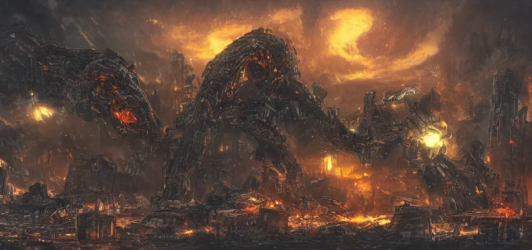 Prompt: a mecanic monster destroy a futurist city in the night, landscape, night, fire, dark fantasy, kaiju, apocalypse