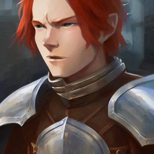 Image similar to portrait of a young redheaded man with blue eyes and wearing a armor, medieval background, highly detailed, digital painting, artstation, matte, by makoto shinkai, animation style, studio ghibli, anime key visual