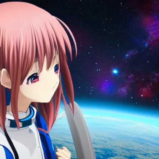 Image similar to An anime girl in a spacesuit in awe at the beauty of the universe 4k