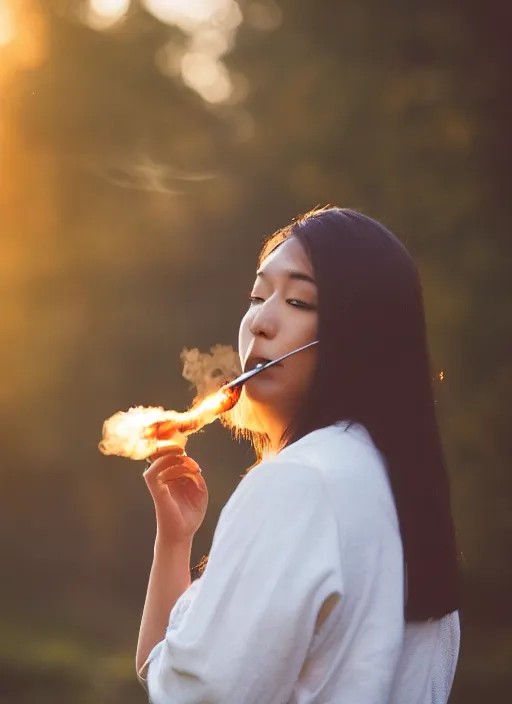 Image similar to photo of Shibu Inu smoking, 35mm, f/1.4, Golden Hour light, ,