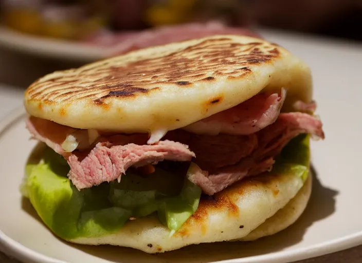 Prompt: dslr food photograph an arepa filled with sliced meat 8 5 mm f 1. 8