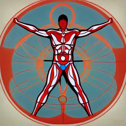 Image similar to ultraman vitruvian man bu james jean, surrealism