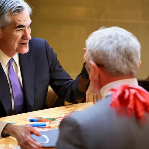 Image similar to Jerome Powell talking with clowns, full body, photo realistic, highly-detailed