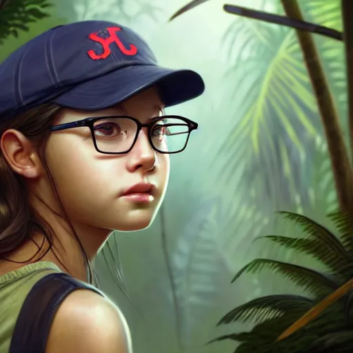 Prompt: portrait of cute young girl, wearing baseball cap, glasses, lonely, jungle clothing, survivor, jungle setting, bokeh, sharp focus, character art, illustration, digital art, by artgerm, greg rutkowski.