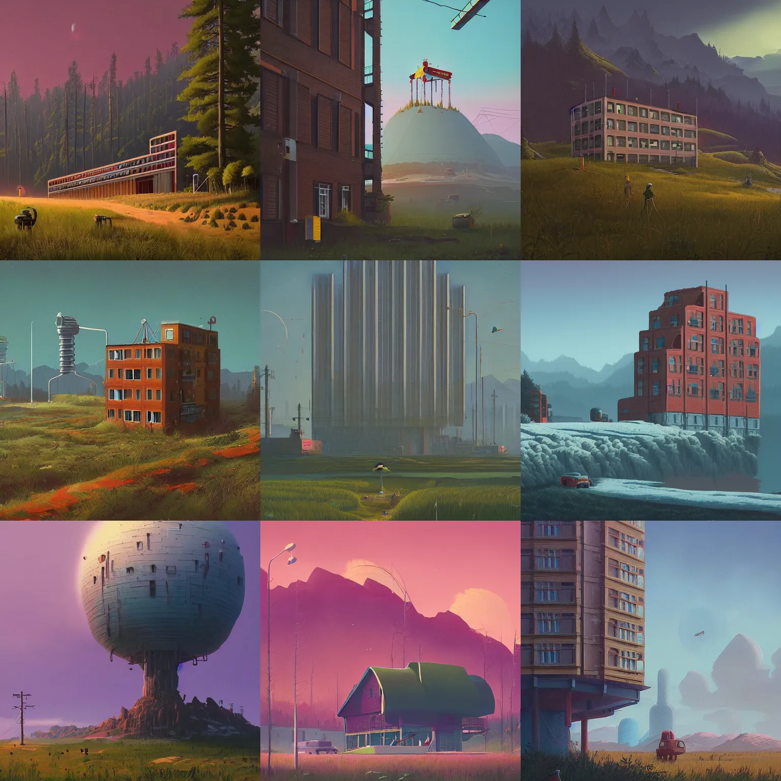 Prompt: a building in a stunning landscape by simon stalenhag