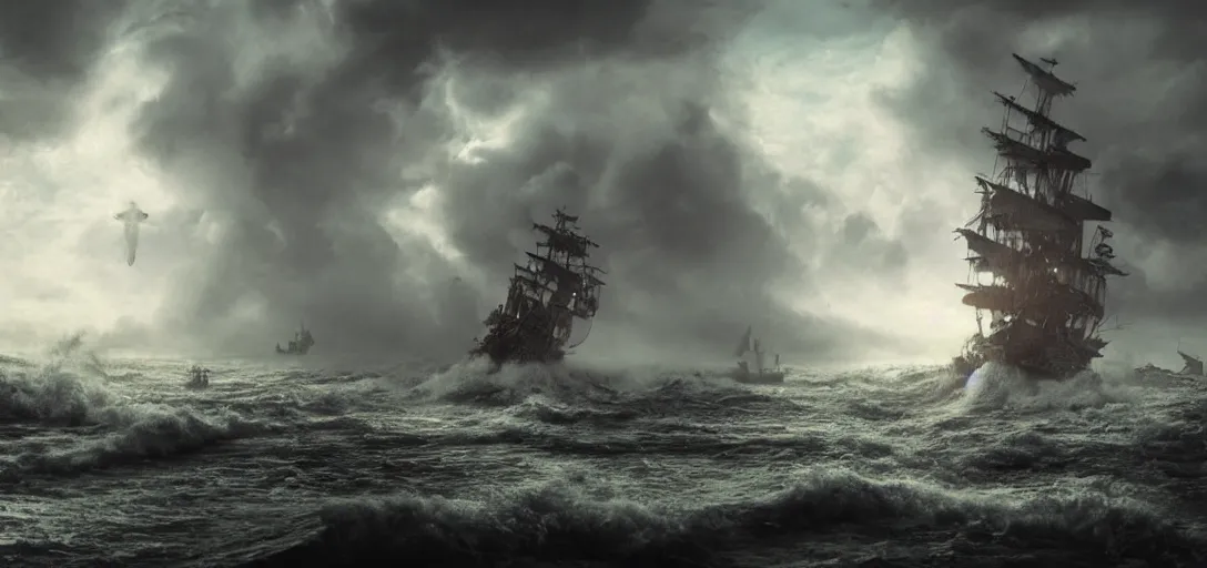 Image similar to wild ocean storm, old wooden pirate ship gets pulled down by giant kraken, appearing from fog, mist, dramatic lighting, cinematic, establishing shot, extremly high detail, foto realistic, pirates of the carribean, cinematic lighting, post processed, concept art, artstation, matte painting, style by eddie mendoza, raphael lacoste, alex ross