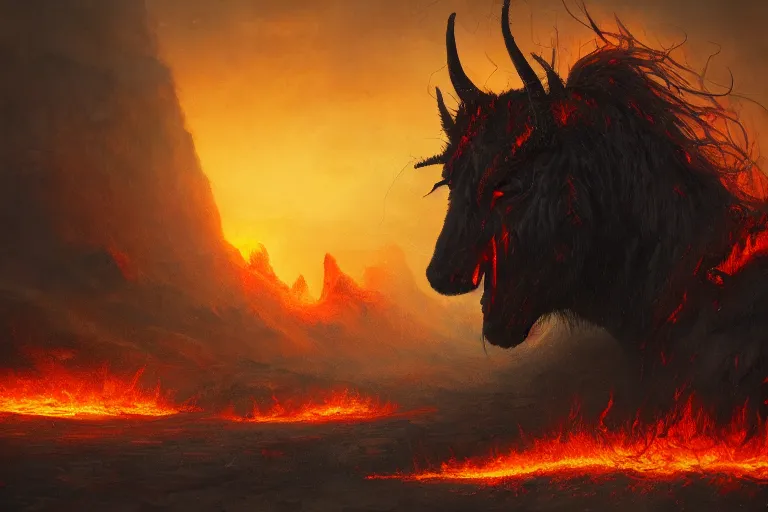 Image similar to fine art painting of a nightmare in a hellish landscape, flaming hooves and burning eyes, artstation, cgsociety, very detailed, intricate, masterpiece, stunning, romanticism