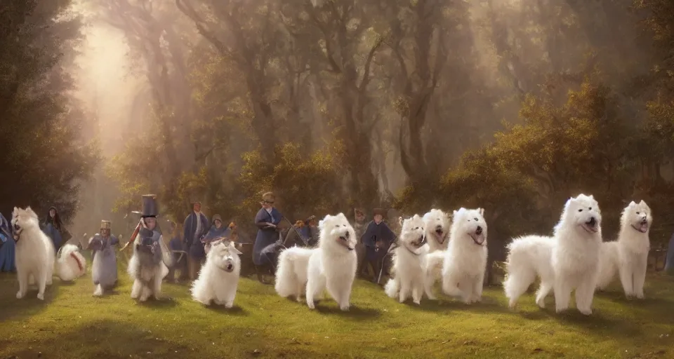 Image similar to the great victorian samoyed parade, beautiful, soft lighting, artstation, storybook,