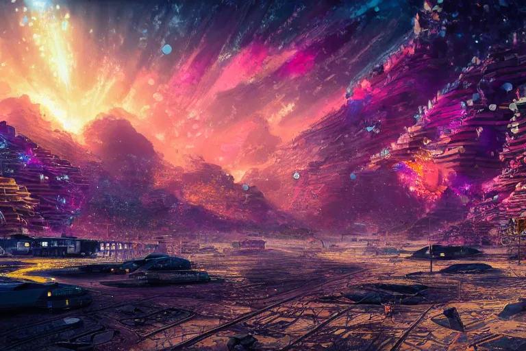 Prompt: cyberpunk greek megapolis on waiʻanapanapa state park black beach of maui during interstellar crystalized fractal kaleidoscope glass sky, blazing fire meteor hitting crystal snow landscape, lush sakura, advanced civilization, high tech spaceships, by peter mohrbacher, james jean, james gilleard, greg rutkowski, rule of thirds, octane render, beautiful