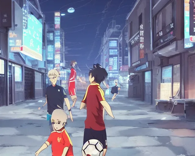 Image similar to harry kane and son heung-min playing soccer in the streets of beijing, slice of life anime, lighting, anime scenery by Makoto shinkai