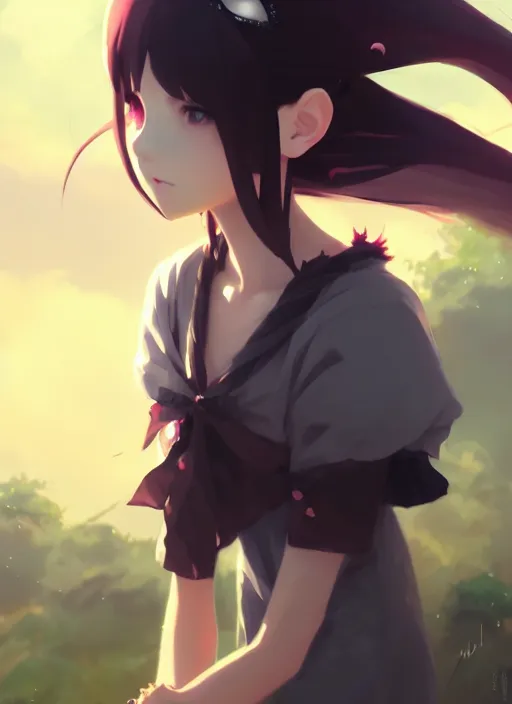 Image similar to portrait of cute goth girl, cloudy sky background lush landscape illustration concept art anime key visual trending pixiv fanbox by wlop and greg rutkowski and makoto shinkai and studio ghibli