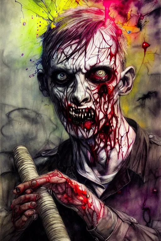 Image similar to zombie policeman beating up a gang member with his baton by agnes cecile, enki bilal, brian froud, bernie wrightson, intricated details, 3 / 4 view, full body portrait, extremely luminous bright design, horror, pastel colours, toxic drips, autumn lights