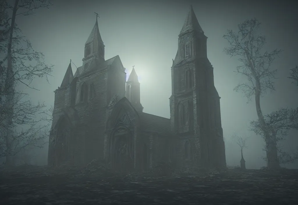 Image similar to eldritch church of cthulhu photorealistic, film, cinematic lighting, octane render, volumetric light, dark - art