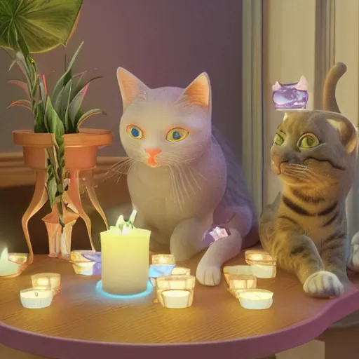 Image similar to candles and cats, art nouveau, by rachel ruysch and lisa frank, 8 k, sharp focus, octane render