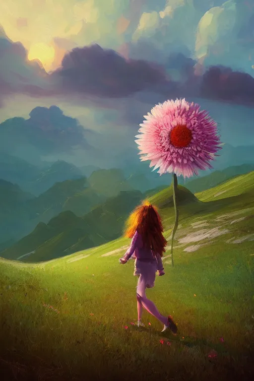 Image similar to giant daisy flower head, girl walking in the mountains, surreal photography, sunrise, dramatic light, impressionist painting, colorful clouds, digital painting, artstation, simon stalenhag