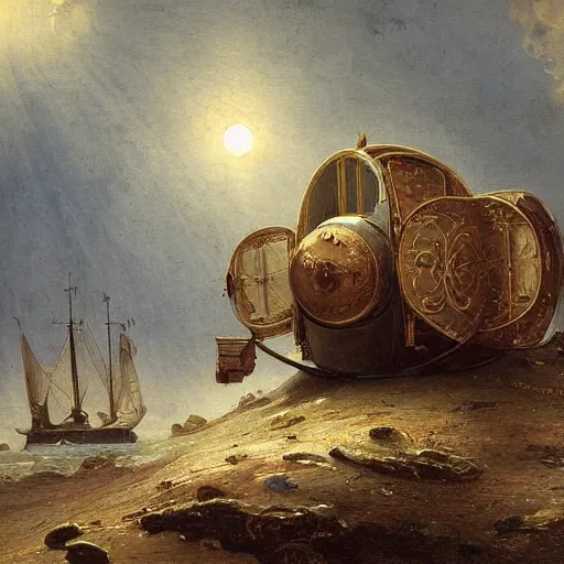 Prompt: detailed painting of a living capsule architecture with satellite, filigree ornaments, andreas achenbach