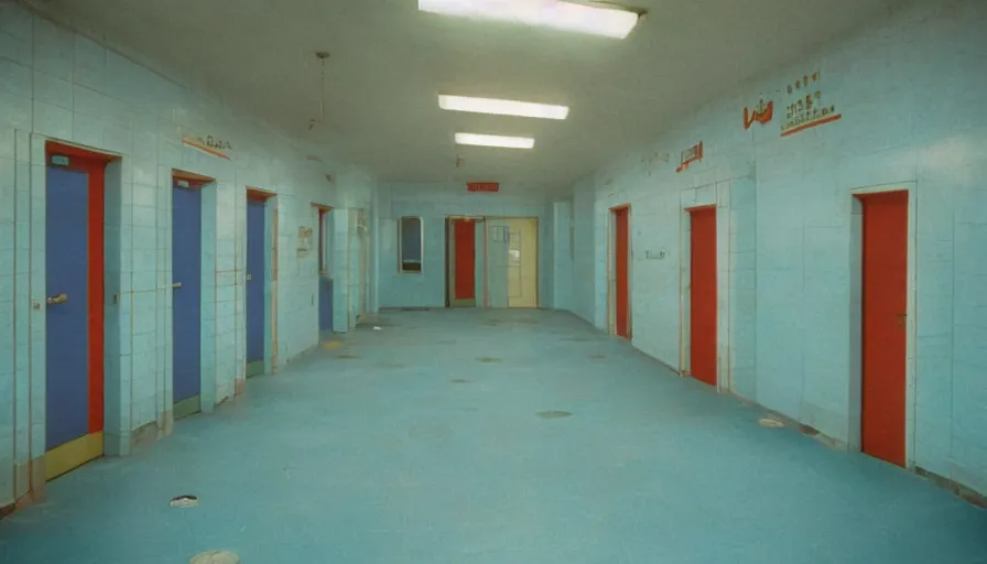 Image similar to 60s movie still of a sovietic stalinist style empty light blue tiles room with many toilets, cinestill 800t 50mm eastmancolor, liminal Space style, heavy grain-s 150