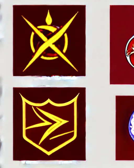 Prompt: several emblems with an elemental design are in a red velvet lined case.