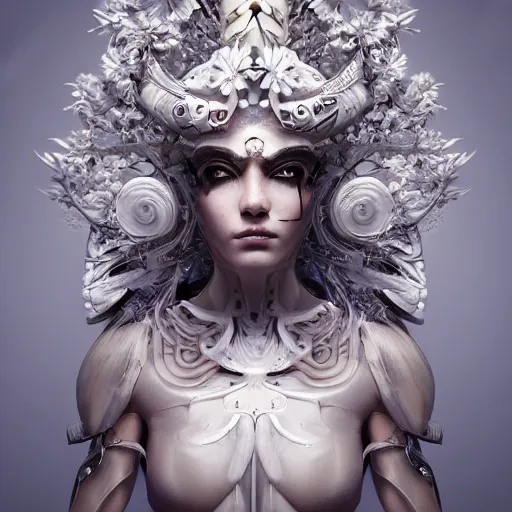 Prompt: portrait character design beautiful elegant cyborg warrior made of white porcelain, beautiful huge eyes, metallic intricate herbacious headdress branches leaves and roots, fine details, elegant, volumetric lighting, natural soft rim light, octane rendered