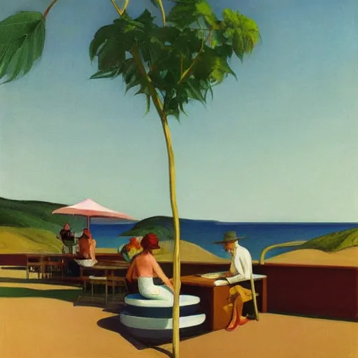 Image similar to idyllic cannabis in a pot, australian beach cafe bleached colors by edward hopper