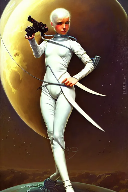 Prompt: pulp scifi fantasy illustration full body android girl, fencer, white hair, futuristic design, crafting, diy, by norman rockwell, roberto ferri, daniel gerhartz, edd cartier, jack kirby, howard brown, ruan jia, tom lovell, jacob collins, dean cornwell, astounding stories, amazing, fantasy, other worlds