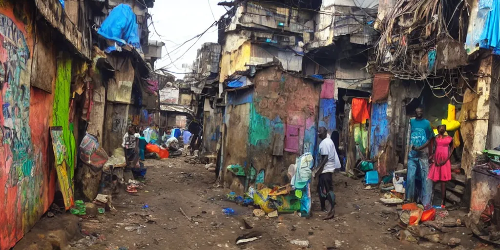 Image similar to lUFO in Ajegunle slums of lagos beaming neon rays of light,