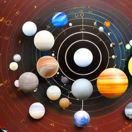 Image similar to a kinetic sculpture of this solar system, sun, mercury, venus, earth, moon, mars, jupiter, saturn, uranus, neptune, pluto, orrery, canon 5 d 5 0 mm lens, papier - mache, studio, artificial intelligence