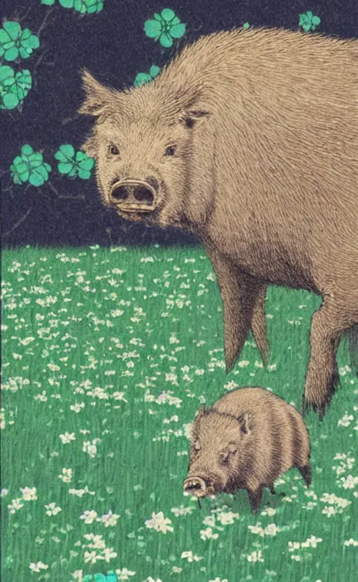 Image similar to by akio watanabe, manga art, a boar walking in a field of clovers, trading card front