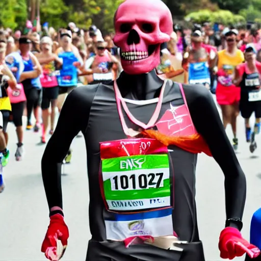 Image similar to A skeleton winning a marathon