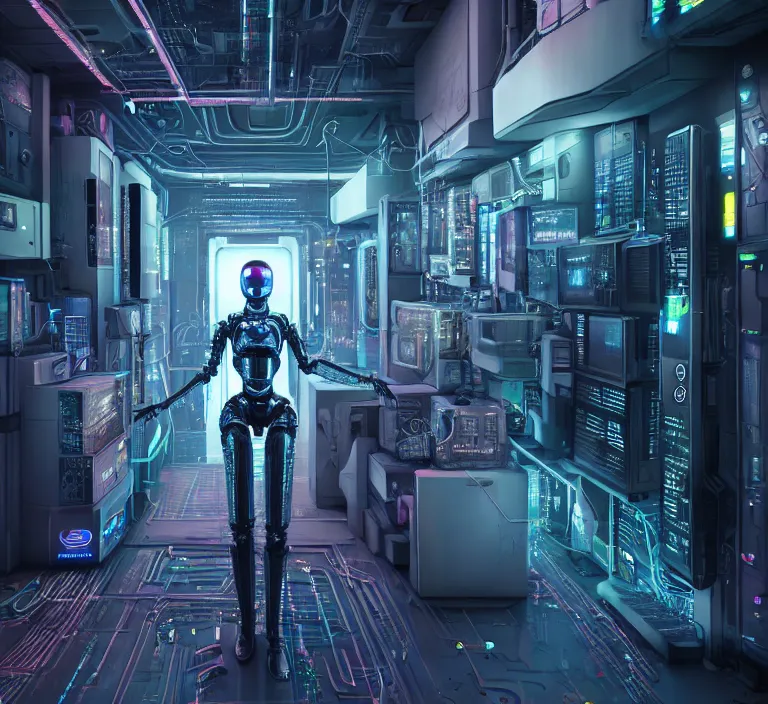 Image similar to hyperrealism stock photography of highly detailed stylish robot in cyberpunk sci - fi style by gragory crewdson and katsuhiro otomo, mike winkelmann with many details by josan gonzalez working at the highly detailed data center by mike winkelmann and laurie greasley hyperrealism stock photo on dsmc 3 system rendered in blender and octane render