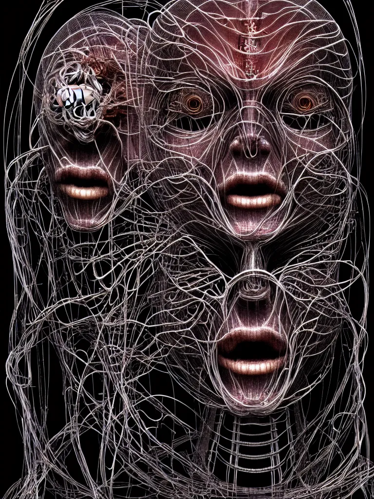 Image similar to portrait of neural nightmares by yoshitaka amano and HR Giger, detailed face face face face, facial structure, hd, 8k, very very very very electronic, biomechanical, biology, bio, neural machine, single subject, terror