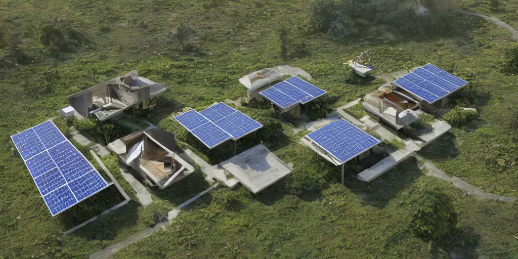 Image similar to hypermodern offgrid village with solarpanels integrated in nature, forte gimenes marcondes ferryz arquitetos detailed, octane render, photo realism, 3D, ray tracing, photo realism
