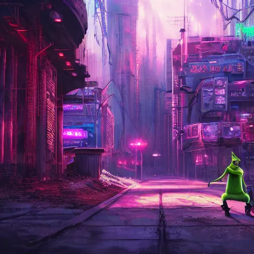 Image similar to Shrek, Swamp, Louisiana, Photorealistic, Hyperdetailed, Cyberpunk, Neon lights, City background, Ultradetailed, Cyborg, Futuristic, Far Future, Sci-fi, 4k